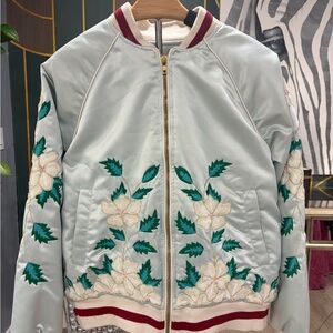 Anthropologie White and Green Embroidered Bomber Jacket